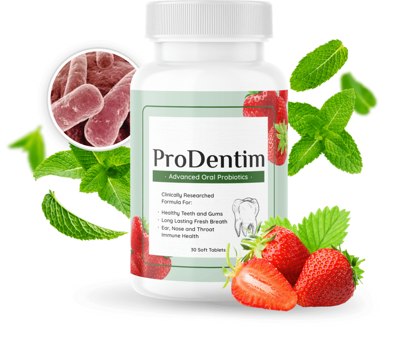 ProDentim oral probiotic bottle with strawberry and mint